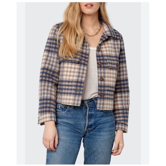 Rails Steffi Plaid Cropped Jacket, Size Small, Flannel Wool Blend, Blue/Beige